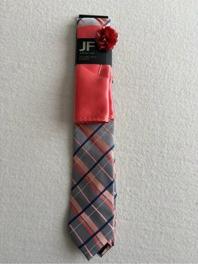 jf j.ferrar Coral and Gray Plaid Tie Set with Pocket Square & Lapel Flower